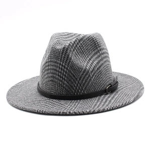 Unisex retro plaid wool jazz fedora hat with black leather band and wide brim