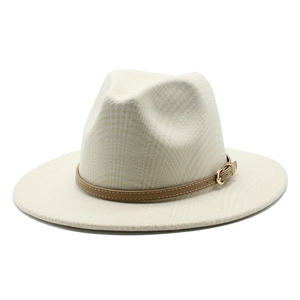 Classic beige wool fedora hat with flat brim and decorative brown leather belt buckle