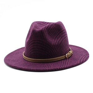 Classic purple plaid fedora hat with wide brim and brown leather strap with gold buckle