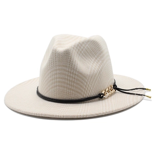 Vintage Wool Fedora Hat For Men Women Houndstooth Pattern Large Flat Brim Jazz Cap With Gold Chain Leather Band Tassel Fashion Winter Felt Hat