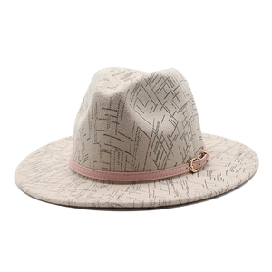 Grey wool fedora hat with geometric prints and a pink leather belt buckle decoration