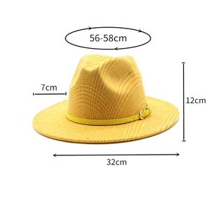 Detailed size chart for wool fedora hat with houndstooth pattern and leather strap