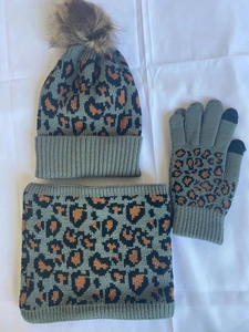 Winter set with leopard print knit beanie with faux fur pom, scarf and touchscreen gloves