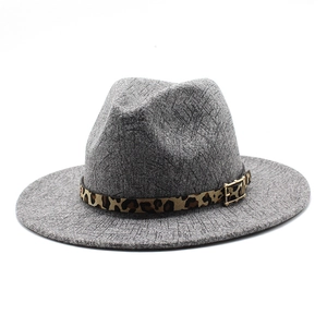Dark grey wool fedora hat with leopard print band and golden buckle for women