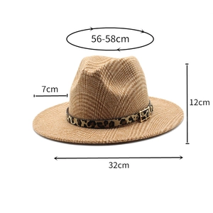 Detailed view of brown plaid fedora with leopard print band and metal buckle size specs
