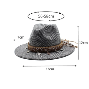 Detail view of houndstooth wool fedora with bohemian band and sizing dimensions
