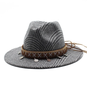 Bohemian grey houndstooth wool fedora with ethnic embroidery and metal coin pendants