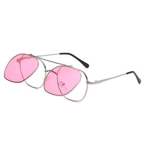 Retro punk metal flip-up sunglasses with silver frames and pink transparent lenses