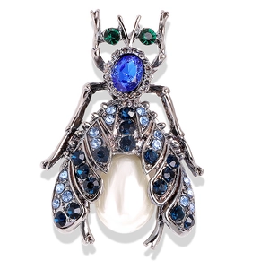 Vintage insect brooch with blue crystals and a large white pearl in silver finish