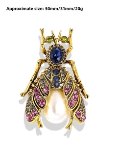 Detail of insect brooch with colorful rhinestones and white pear-shaped pearl