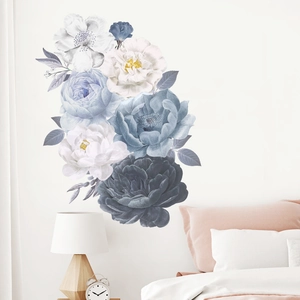 Self-adhesive blue and white watercolor floral wall stickers for bedroom headboard decor