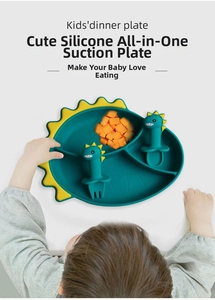 Green dinosaur silicone suction plate for babies with matching fork and spoon set