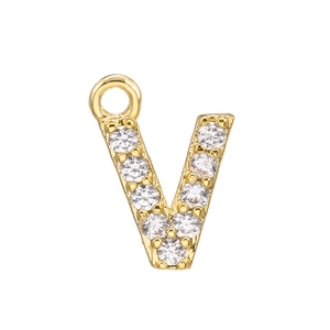 Detailed view of a gold V-shaped letter pendant with micro-pave white cubic zirconia stones