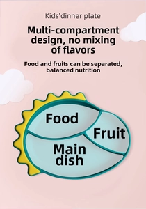 Macro view of dinosaur silicone plate with 3 divided food compartments for baby feeding