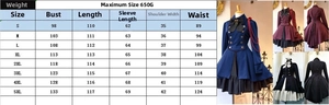 Size chart detail for vintage ruffle cosplay dress with long sleeves and bow accents