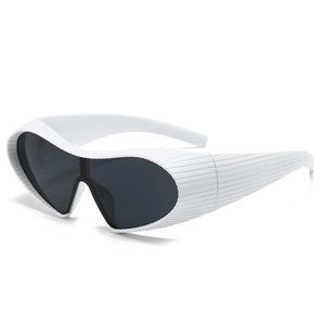 Steampunk white wrap sunglasses with textured frames and dark grey lenses, 45-degree view