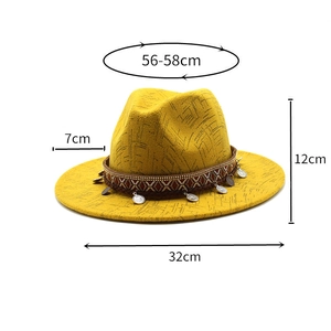Detailed size chart of the yellow wool fedora hat with dimensions and ethnic band