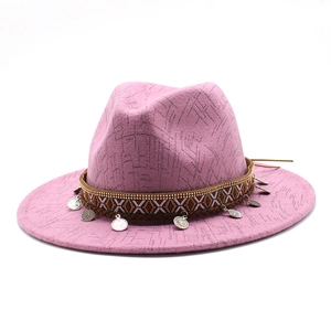 Pink wide brim wool fedora hat with ethnic style braided band and metallic coin charm