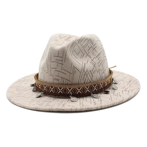 Beige wide brim fedora hat with ethnic embroidery and silver coin pendants