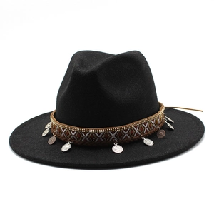 Classic black wool fedora hat with bohemian ethnic ribbon and vintage metal coins