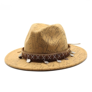 Khaki wool felt wide brim fedora hat with ethnic embroidery and silver coin pendants