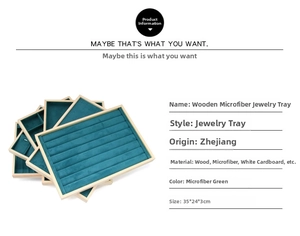Detail view of 35x24x3cm wood jewelry display tray with green microfiber lining insert
