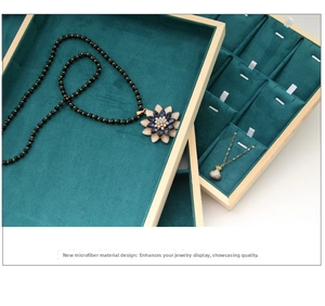 Green velvet and solid wood jewelry trays for ring and necklace display and storage