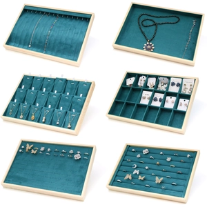 Green velvet and solid wood jewelry tray set for rings, necklaces and earrings storage