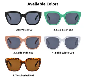 Detailed color options of oversized sunglasses in black, green, pink, white, and tortoise