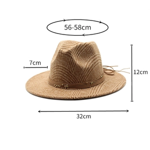 Dimensioni dettagliate del cappello fedora in lana pied-de-poule con cinturino in pelle