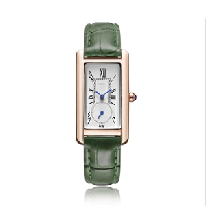 Elegant women's square quartz watch with rose gold case and dark green leather strap
