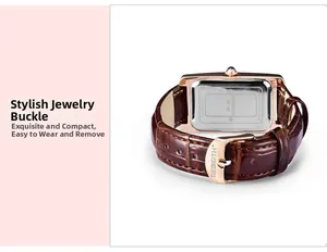 Detail of square quartz watch with rose gold case and elegant jewelry buckle closure