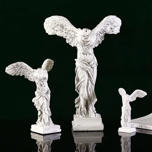 Three-piece Winged Victory of Samothrace statues with vintage white finish and square base
