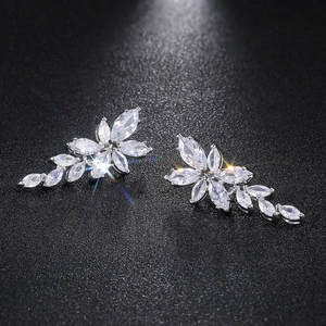 Elegant silver teardrop leaf stud earrings with marquise-cut marquise-cut zircons for women