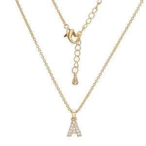 Golden necklace featuring a crystal-encrusted letter A pendant with lobster clasp and chain
