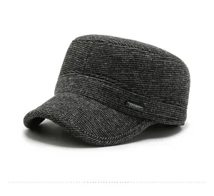 Detail shot of grey striped fabric texture and SPORT side emblem on flat top army cap