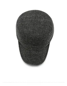 Top view of dark grey flat top military cap showing textured wool blend fabric detail