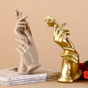 Nordic light luxury resin hand holding rose statue decor for living room shelf