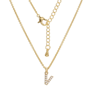 Detailed view of gold letter V pendant with white crystals and lobster clasp