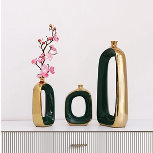 Modernes Nordisches Keramik Vase Gold Galvanisiert Hohl Oval Schreibtisch Wohndekor Ornament Luxus Grün