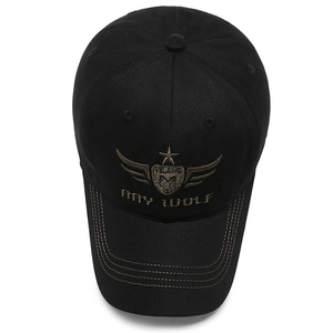 Black cotton baseball cap featuring a golden Amy Wolf embroidery with wings and shield