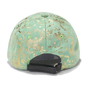 Back view of mint green suede baseball cap with gold foil heart print and adjustable strap