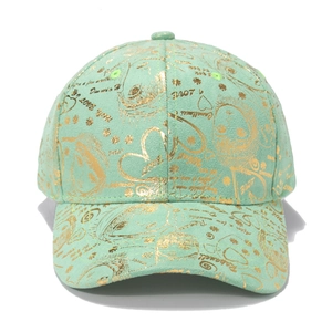 Mint green baseball cap with gold foil floral and heart prints in a high-quality matte finish