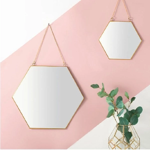 Wall Mirror Brass Metal Frame Geometric Hexagon Round Hanging Chain Nordic Minimalist Bathroom Vanity Entryway Home Decor