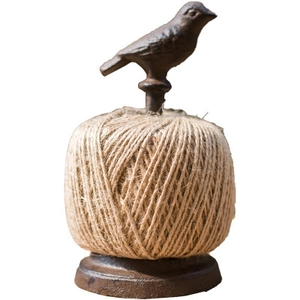 Vintage cast iron garden twine holder with decorative bird and rustic bronze finish