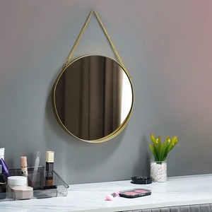 Nordic minimalist round gold metal wall mirror with chain for bathroom or vanity decor