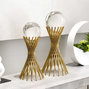 Modern luxury crystal ball ornament set with gold geometric hourglass metal stands
