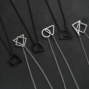 Men's geometric stainless steel necklaces with triangle and square pendants in black and silver