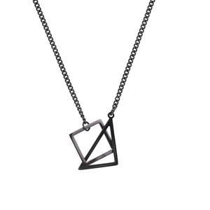 Men's geometric necklace with black square and triangle pendants on a fine chain