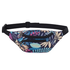 Detail of 400D oxford fabric sports waist bag with colorful tropical leaf print pattern